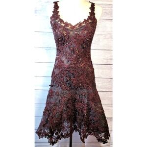 SUE WONG Nocturne Womens Evening Dress Size 4 Burgundy Lace Embroidered Beaded